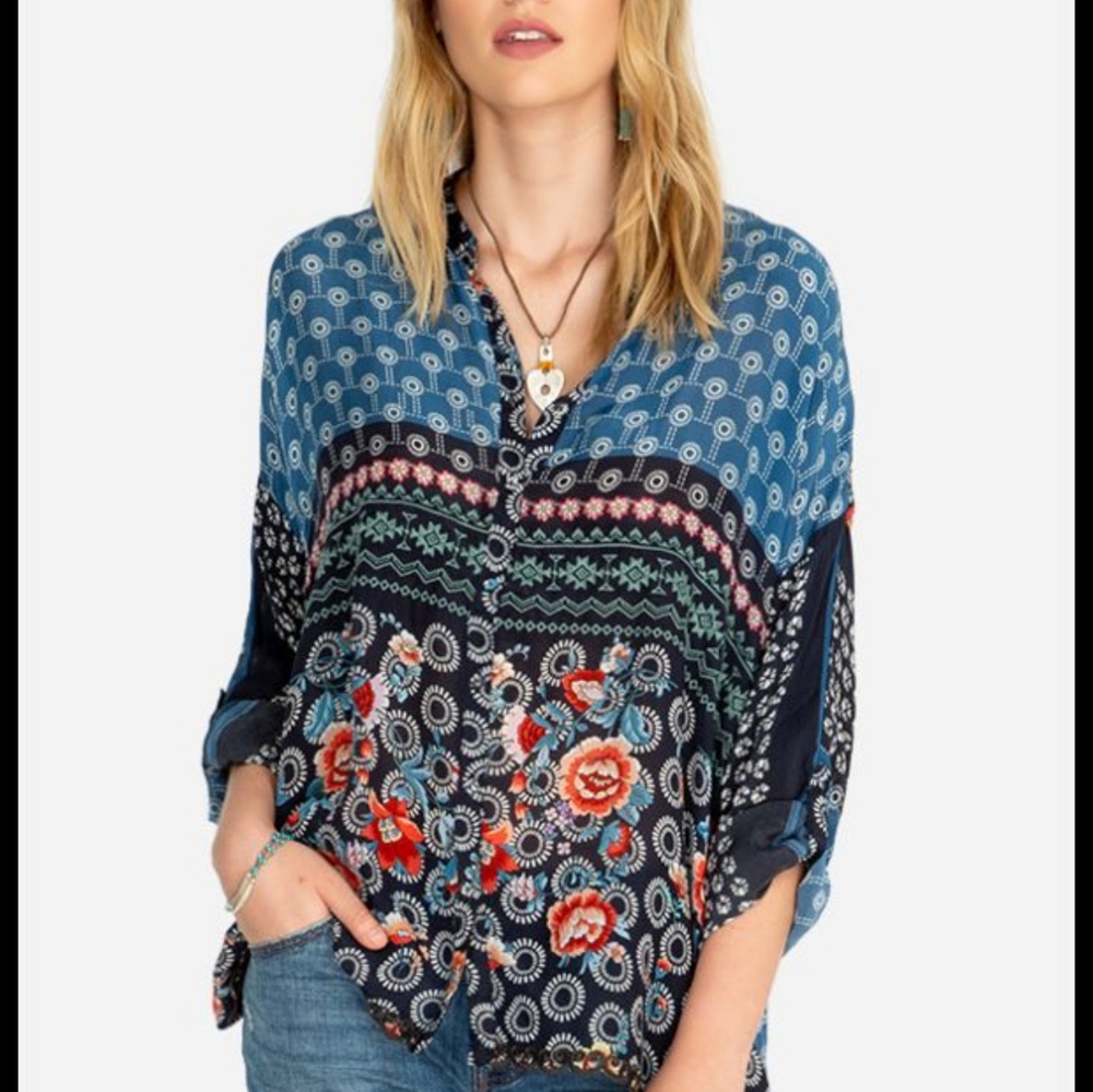 Johnny Was Nara Boxy Button Down Blouse Blue White
